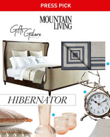 Alicia Adams Aplaca Mazing bedding blanket, queen alpaca bed blanket,mountain living magazine, alpaca vs cashmere, light grey and navy alpaca blanket