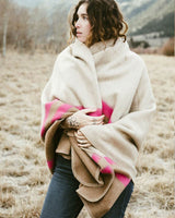 Alicia Adams Alpaca Olsen Cape, alpaca poncho cape for women, alpaca poncho womens, alpaca wrap, light taupe, tobacco and shocking pink alpaca cape