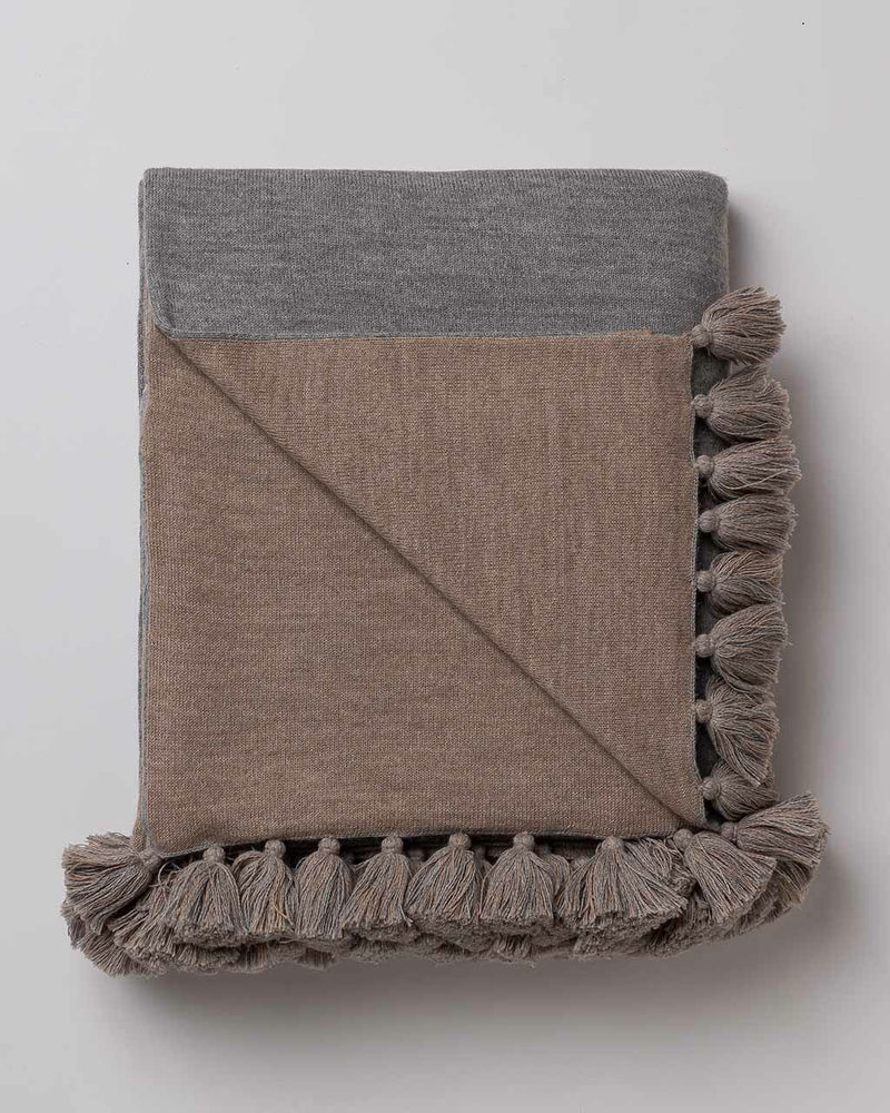 Alicia Adams Alpaca Sydney Blanket, pompom alpaca king bed blanket, alpaca throw blanket, 100 alpaca blanket, light grey and light taupe alpaca blanket