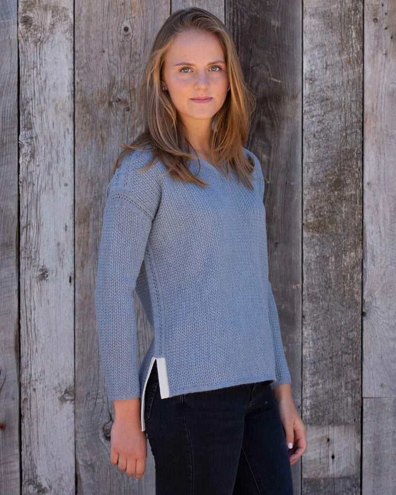 Alicia Adams Alpaca Zoe Womens Alpaca Sweater, alpaca boyfriend sweater, womens oversized sweater, loose fit sweater, chambray-ivory alpaca sweater