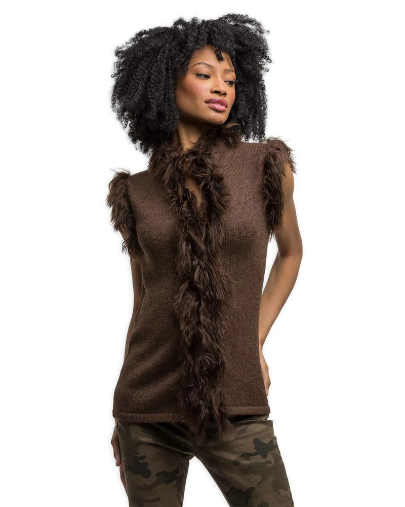 Alicia Adams Alpaca Fur Trimmed Vest, alpaca fur vest, 100 baby alpaca, alpaca sweater, alpaca sweaters womens, chocolate alpaca fur trimmed vest