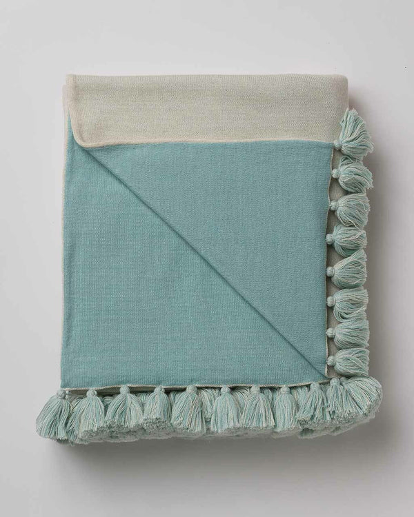 Alicia Adams Alpaca Sydney Blanket, pompom alpaca king bed blanket, alpaca throw blanket, 100 alpaca blanket, ivory and aqua alpaca blanket
