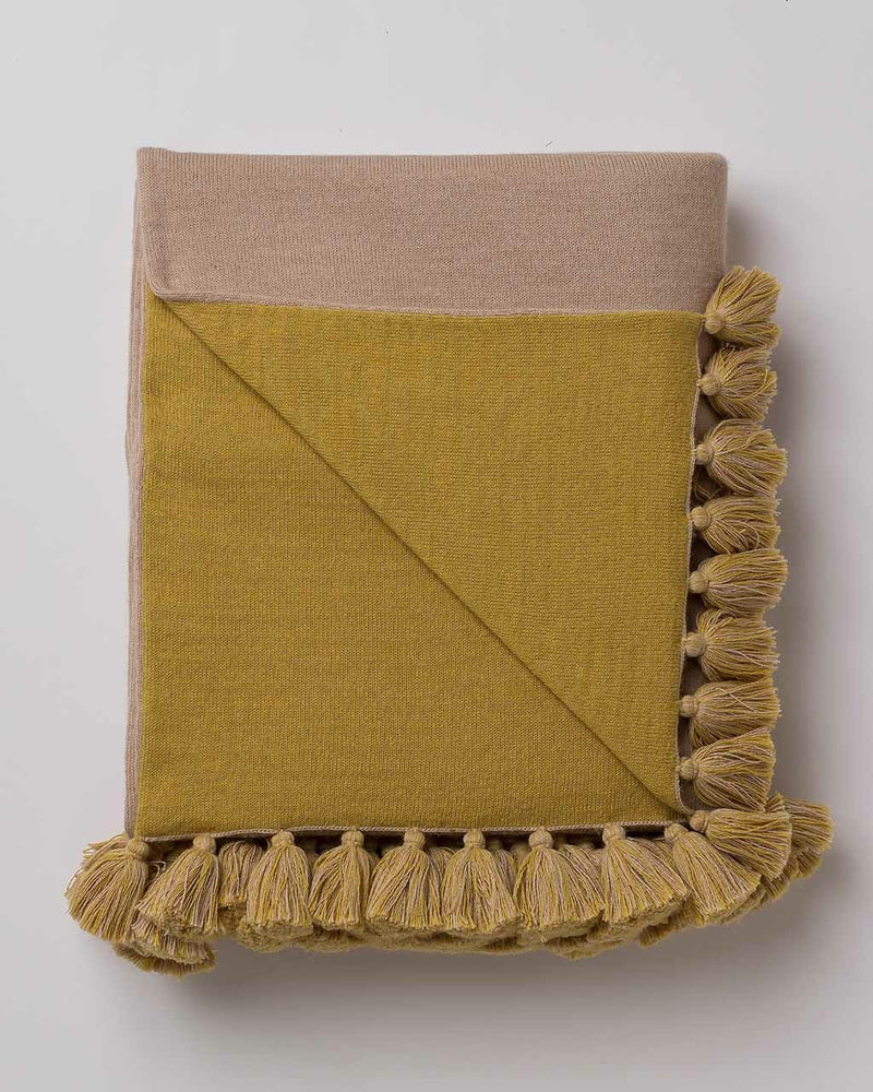 Alicia Adams Alpaca Sydney Blanket, pompom alpaca king bed blanket, alpaca throw blanket, 100 alpaca blanket, beige and french yellow alpaca blanket