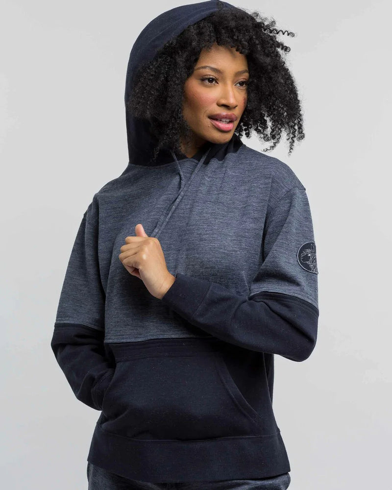 alicia adams alpaca hoodie for women, alpaca women's clothing, alpaca sweatshirt, alpaca clothing, alpaca vs cashmere, denim blue and navy alpaca sweatshirt
