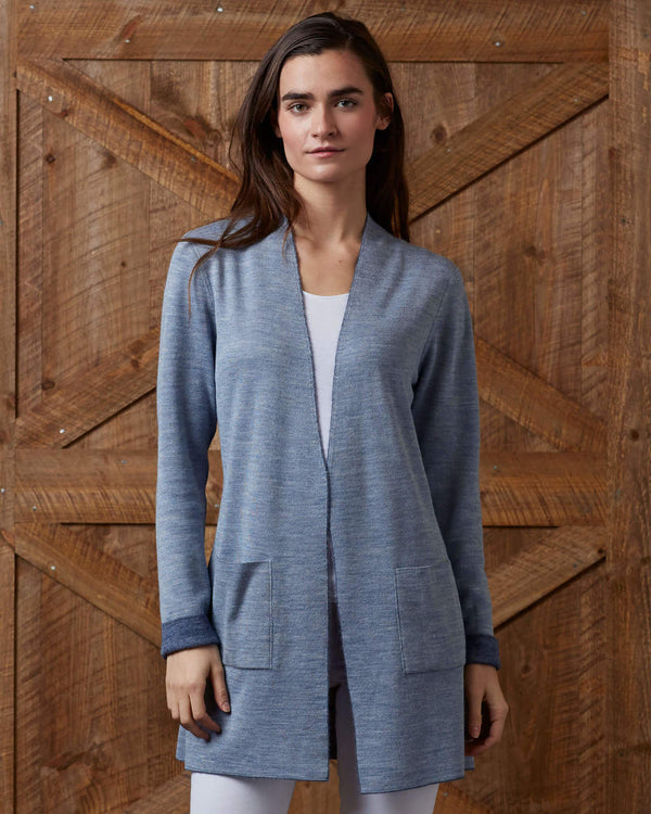 alicia adams alpaca women's reversible cardigan, 100 alpaca cardigan, alpaca sweater, alpaca coat, alpaca vs cashmere, chambray and denim blue alpaca cardigan