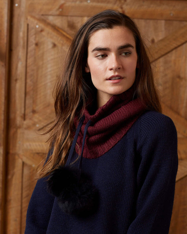 Alicia Adams Alpaca Alpina Snood, alpaca scarf, alpaca accessories, alpaca gifts, baby alpaca scarf, alpaca vs cashmere, bordeaux and navy alpina snood