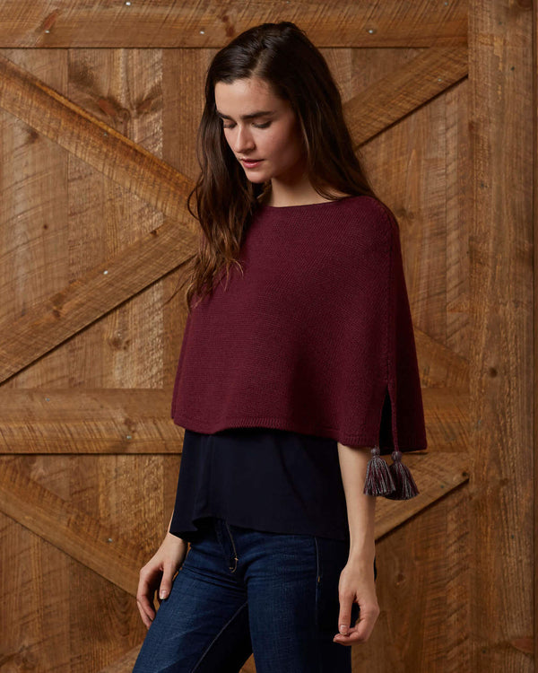 alicia adams alpaca renee poncho with pompoms, alpaca poncho for women, alpaca poncho, alpaca poncho womens, bordeaux alpaca poncho