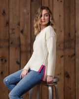 Alicia Adams Alpaca Zoe Womens Alpaca Sweater, alpaca boyfriend sweater, womens oversized sweater, loose fit sweater, ivory-shocking pink alpaca sweater