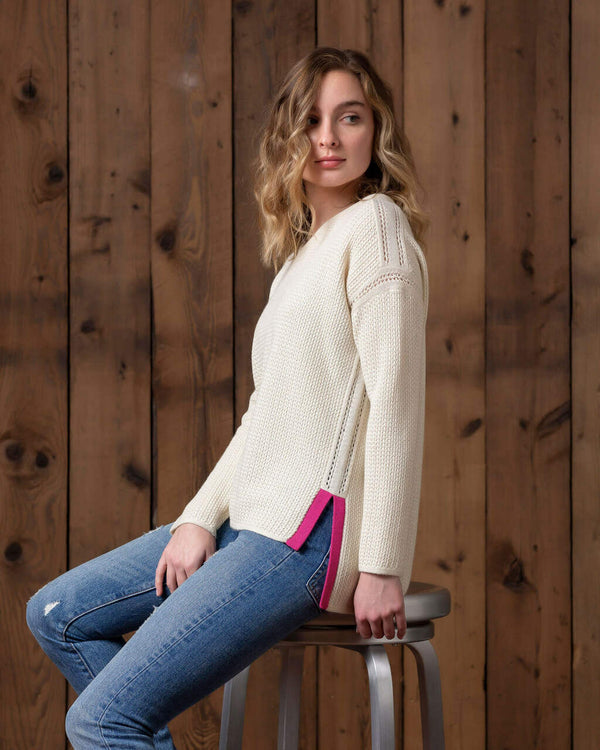 Alicia Adams Alpaca Zoe Womens Alpaca Sweater, alpaca boyfriend sweater, womens oversized sweater, loose fit sweater, ivory-shocking pink alpaca sweater
