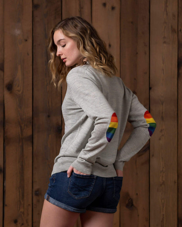 Alicia Adams Alpaca Rainbow Sweater for Women, pride gift, alpaca v neck sweater, alpaca sweater for women, pearl grey rainbow alpaca sweater