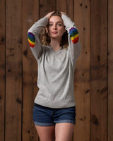 Alicia Adams Alpaca Rainbow Sweater for Women, pride gift, alpaca v neck sweater, alpaca sweater for women, pearl grey rainbow alpaca sweater