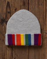 Alicia Adams Alpaca Rainbow Beanie, rainbow beanie hat, alpaca beanie hat, alpaca vs cashmere, knit beanie hat, light grey and rainbow alpaca hat