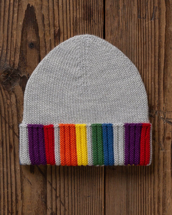 Alicia Adams Alpaca Rainbow Beanie, rainbow beanie hat, alpaca beanie hat, alpaca vs cashmere, knit beanie hat, light grey and rainbow alpaca hat