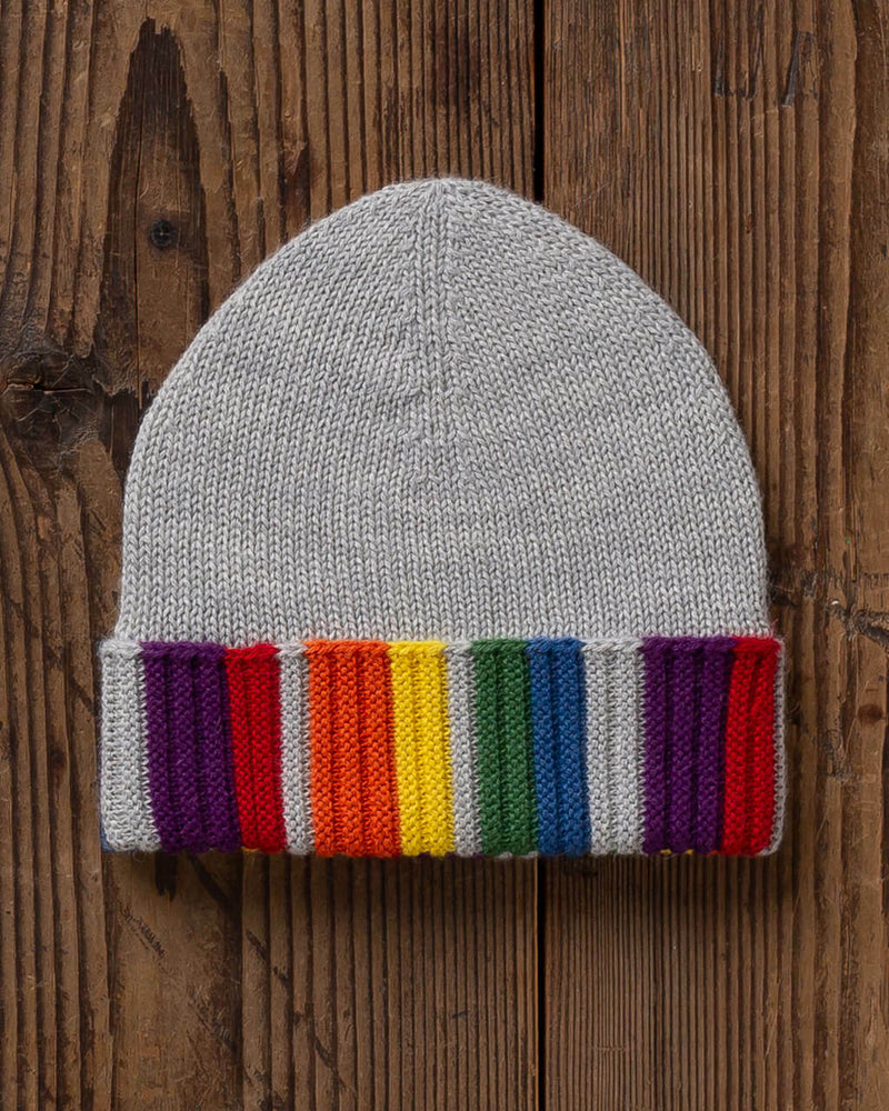 Alicia Adams Alpaca Rainbow Beanie, rainbow beanie hat, alpaca beanie hat, alpaca vs cashmere, knit beanie hat, light grey and rainbow alpaca hat