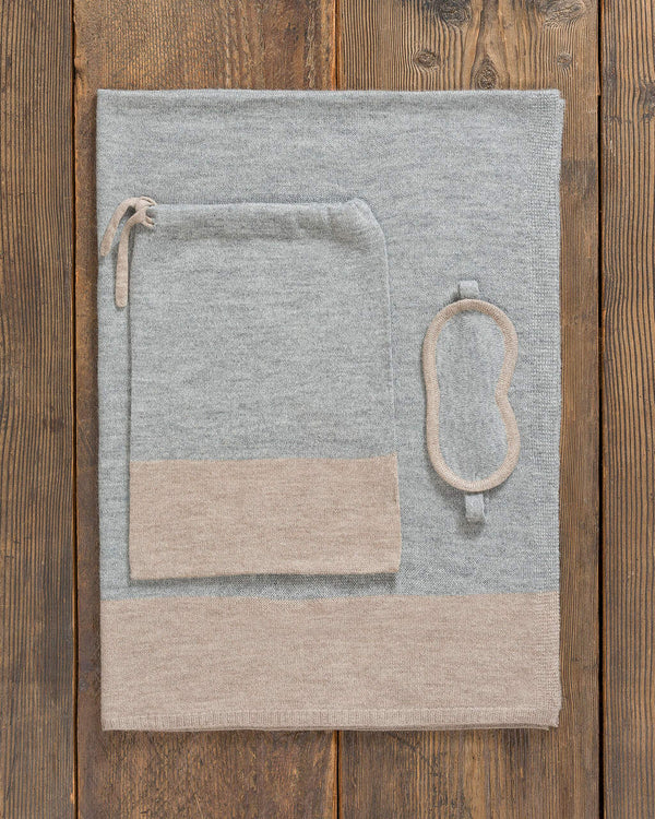 Alicia Adams Alpaca Nomad Travel Set, alpaca gifts, alpaca travel blanket, airline travel kit with blanket and eyemask, light grey and light taupe alpaca travel set