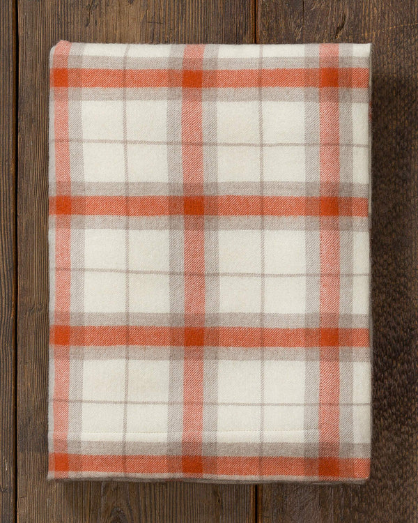 alicia adams alpaca aberdeen throw, plaid alpaca throw blanket, alpaca throw, fair trade alpaca bedding, ivory and orange plaid alpaca throw