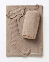 Alicia Adams Alpaca Globetrotter Travel Blanket Set, alpaca socks, alpaca travel blanket, travel kit with blanket and eyemask, light taupe plane travel set