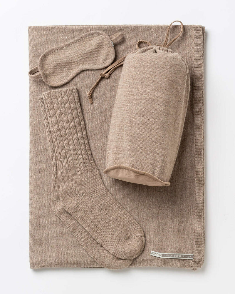 Alicia Adams Alpaca Globetrotter Travel Blanket Set, alpaca socks, alpaca travel blanket, travel kit with blanket and eyemask, light taupe plane travel set
