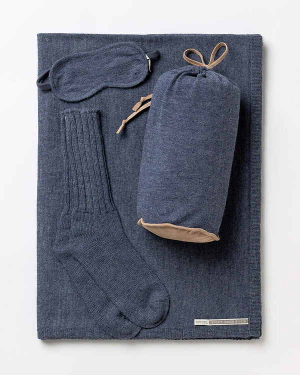 Alicia Adams Alpaca Globetrotter Travel Blanket Set, alpaca socks, alpaca travel blanket, travel kit with blanket and eyemask, denim blue plane travel set