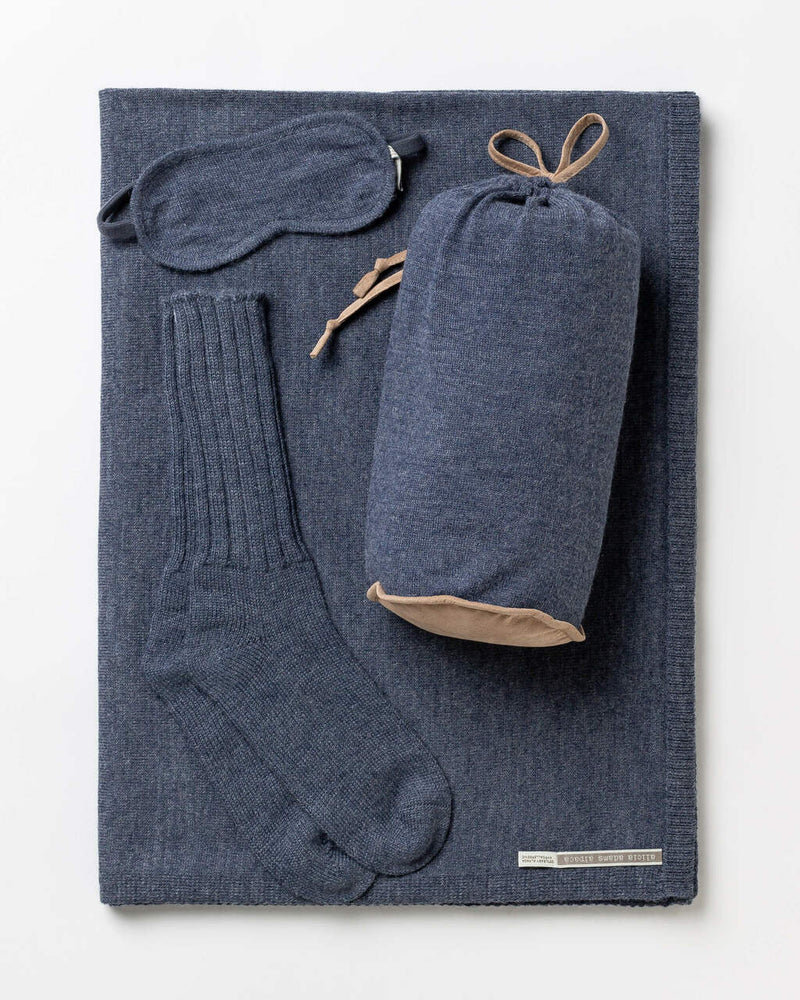 Alicia Adams Alpaca Globetrotter Travel Blanket Set, alpaca socks, alpaca travel blanket, travel kit with blanket and eyemask, denim blue plane travel set