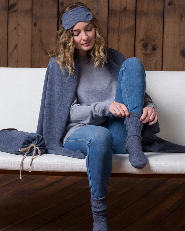 Alicia Adams Alpaca Globetrotter Travel Blanket Set, alpaca socks, alpaca travel blanket, travel kit with blanket and eyemask, denim blue plane travel set