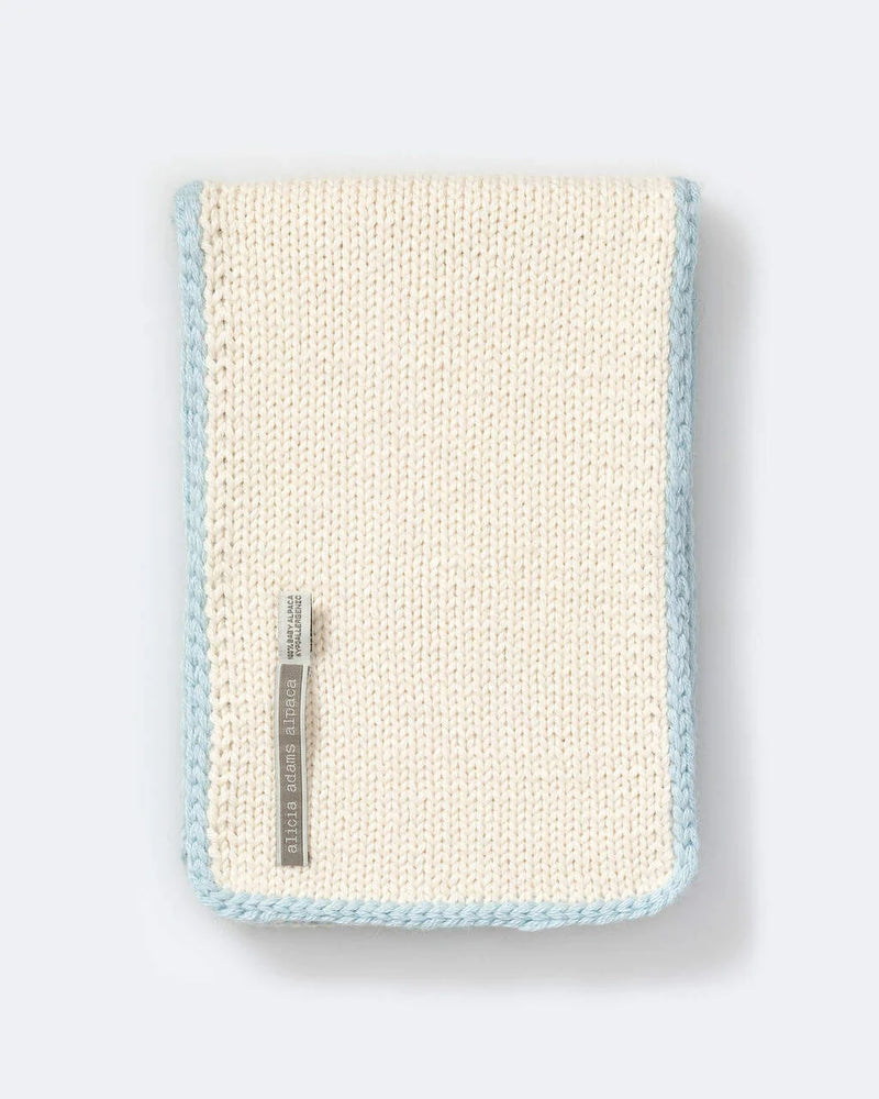 alicia adams alpaca baby scarf, baby alpaca scarf, alpaca scarf, alpaca baby clothing, 100 alpaca scarf, alpaca vs cashmere, ivory and light blue baby alpaca scarf