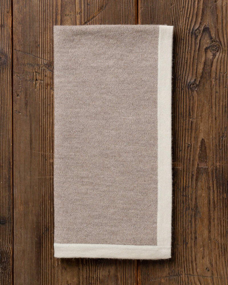 Alicia Adams Alpaca Border Baby Blanket, alpaca baby blanket, baby alpaca throw blanket, alpaca vs cashmere, light taupe and ivory baby alpaca blanket