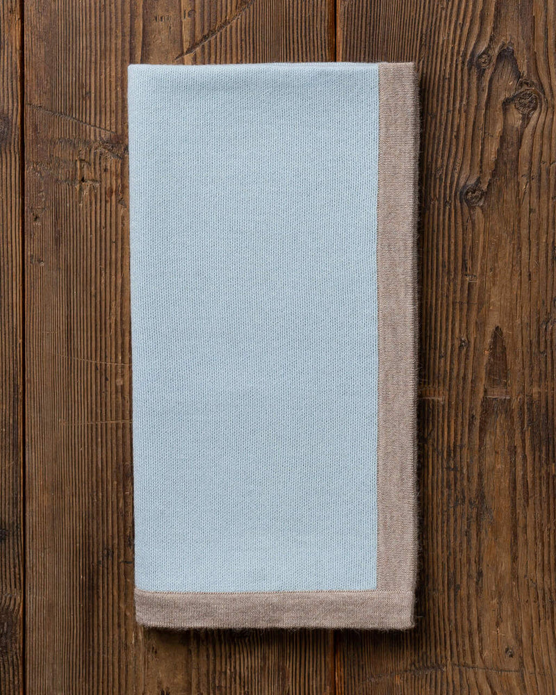 Alicia Adams Alpaca Border Baby Blanket, alpaca baby blanket, baby alpaca throw blanket, alpaca vs cashmere, light blue and light taupe baby alpaca blanket