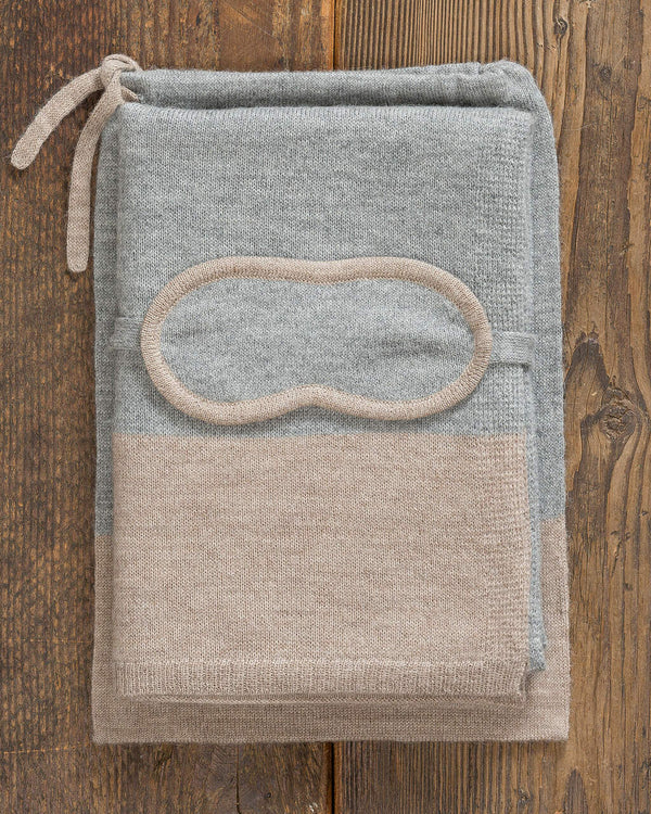 Alicia Adams Alpaca Nomad Travel Set, alpaca gifts, alpaca travel blanket, airline travel kit with blanket and eyemask, light grey and light taupe alpaca travel set