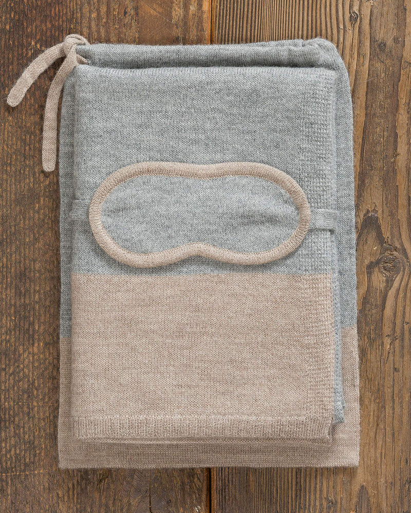Alicia Adams Alpaca Nomad Travel Set, alpaca gifts, alpaca travel blanket, airline travel kit with blanket and eyemask, light grey and light taupe alpaca travel set
