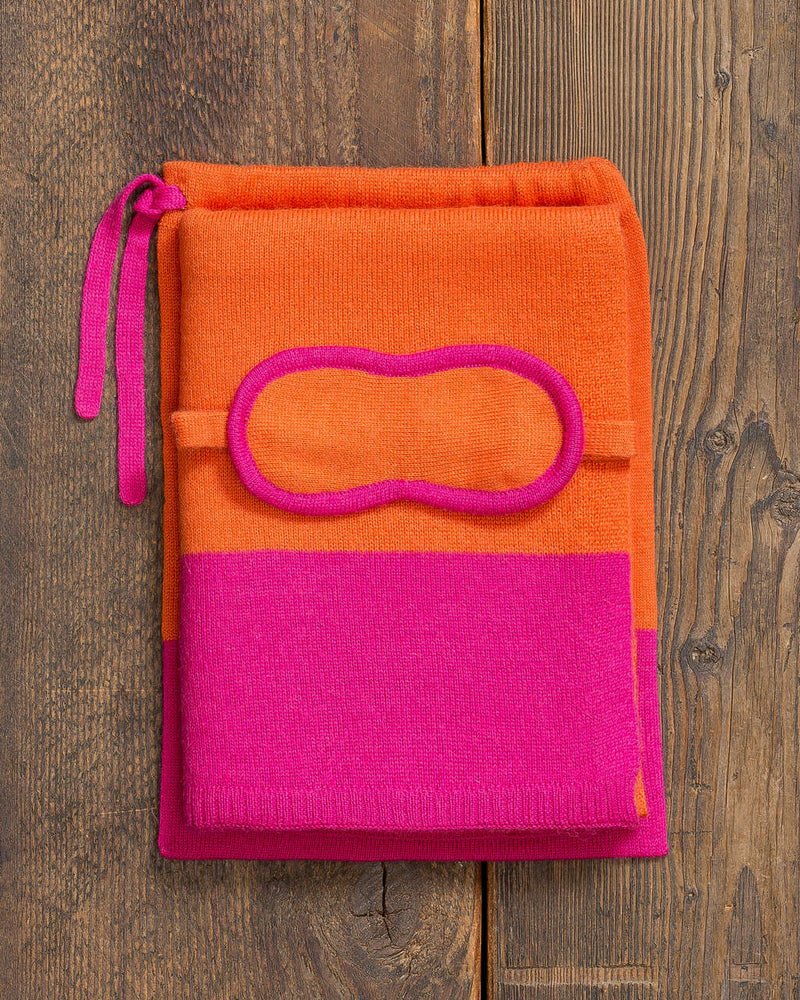 Alicia Adams Alpaca Nomad Travel Set, alpaca gifts, alpaca travel blanket, airline travel kit with blanket and eyemask, firecracker orange and shocking pink alpaca travel set