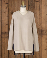 Alicia Adams Alpaca Zoe Womens Alpaca Sweater, alpaca boyfriend sweater, womens oversized sweater, loose fit sweater, light taupe-navy alpaca sweater
