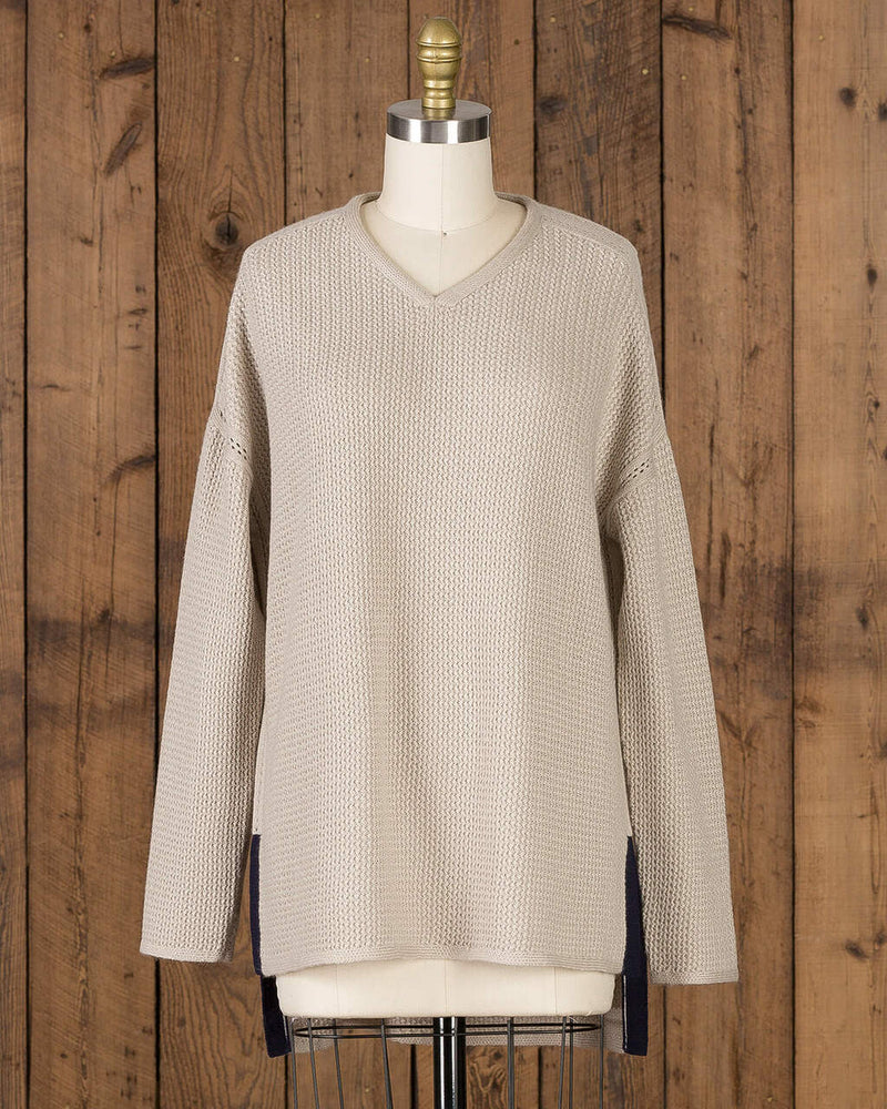 Alicia Adams Alpaca Zoe Womens Alpaca Sweater, alpaca boyfriend sweater, womens oversized sweater, loose fit sweater, light taupe-navy alpaca sweater