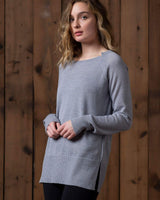 alicia adams alpaca brooke sweater, womens alpaca sweater, 100 alpaca sweater for women, lightweight alpaca sweater, chambray blue womens alpaca sweater