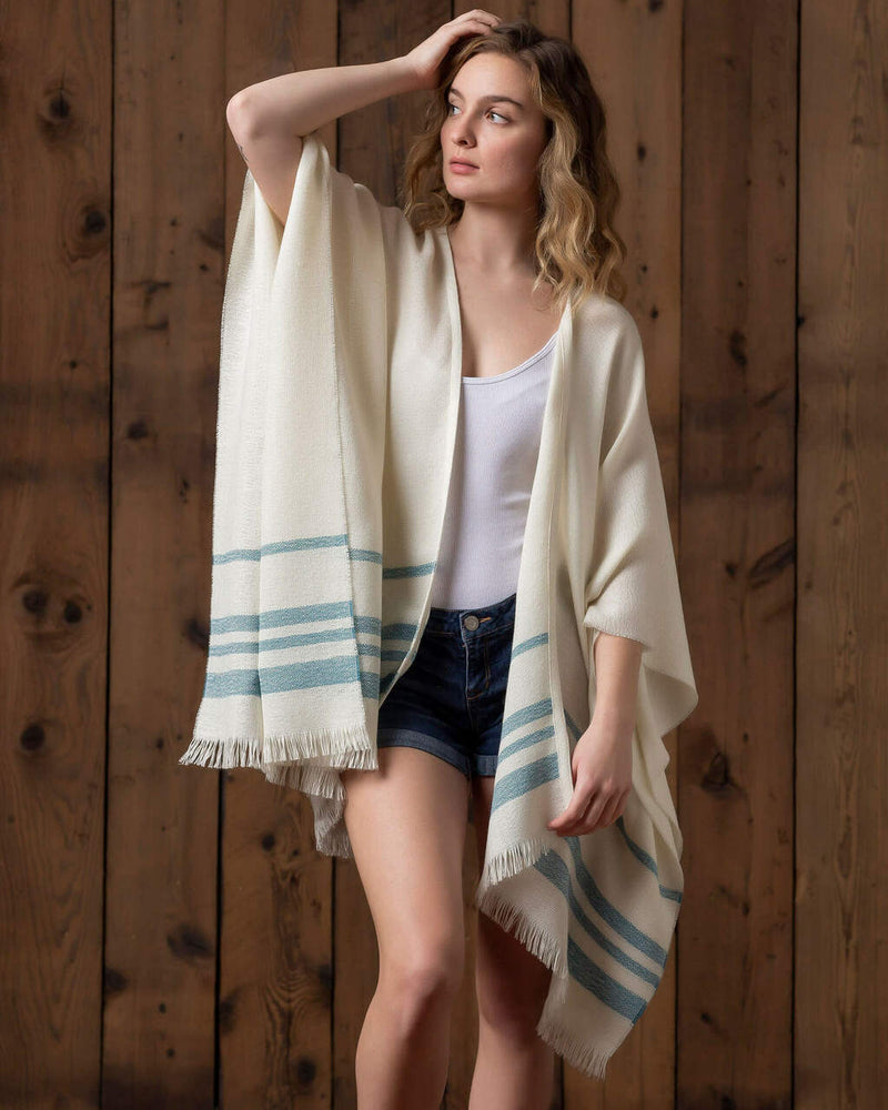 Alicia Adams Albaca sail kimono, womens alpaca kimono, alpaca kimono, womens kimono cardigan, 100 alpaca kimono, Ivory-Azure sail kimono