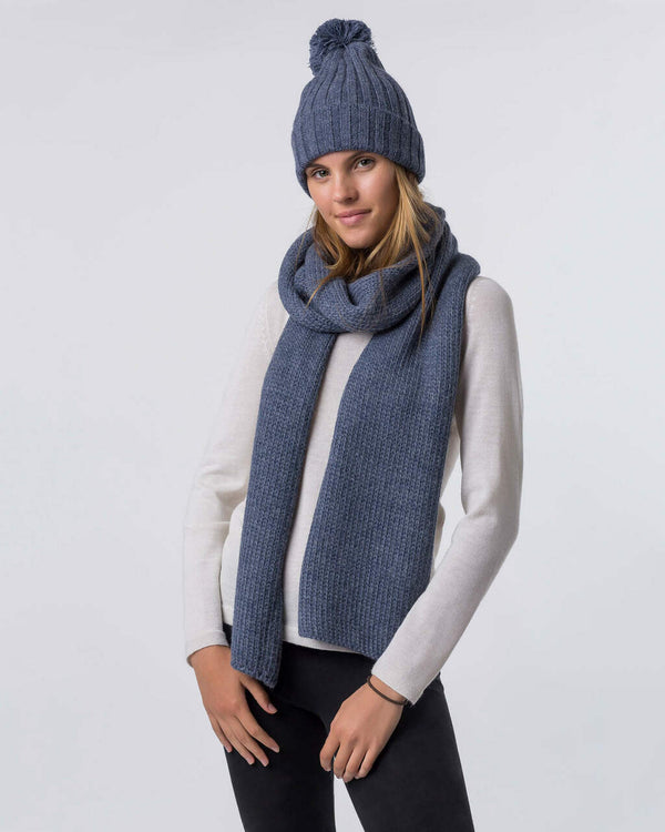 alicia adams alpaca davos scarf, womens handknit alpaca scarf, alpaca scarf,  fair trade made scarf, alpaca vs cashmere, denim blue alpaca scarf
