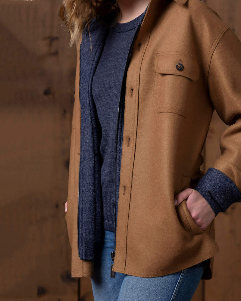 alicia adams alpaca osborne jacket, womens alpaca shirt jacket, alpaca outerwear for women, alpaca jacket, cognac brown womens alpaca shirt jacket