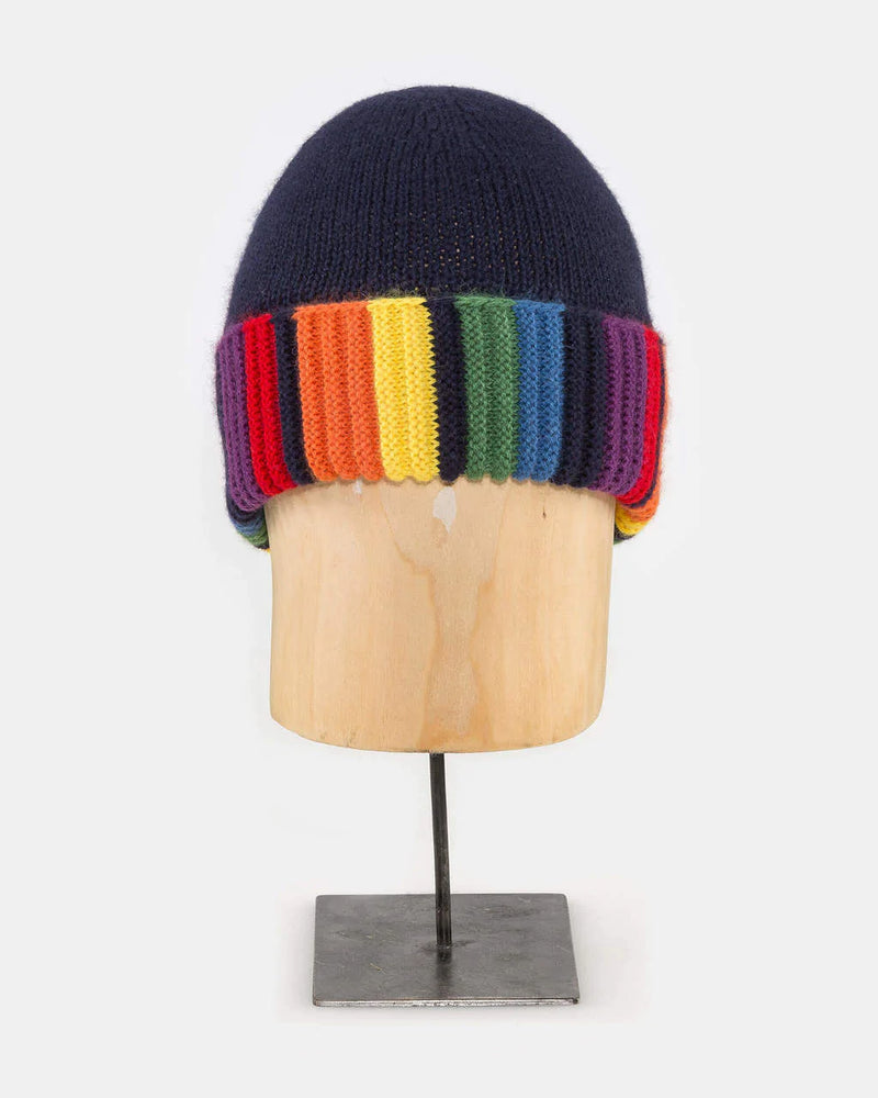 Alicia Adams Alpaca Rainbow Beanie, rainbow beanie hat, alpaca beanie hat, alpaca vs cashmere, knit beanie hat, black and rainbow alpaca hat