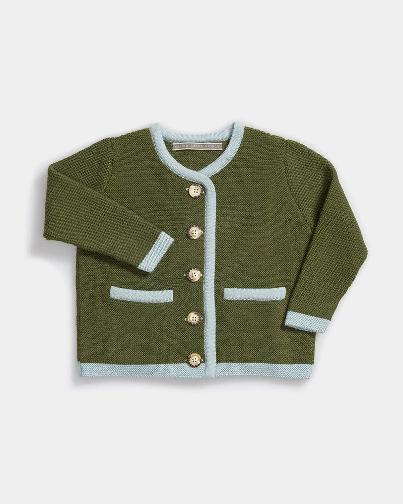 Alicia Adams Alpaca Salzburg Cardigan, alpaca baby clothes, alpaca sweater, baby alpaca sweater, alpaca clothing, hunter green and light blue alpaca sweater
