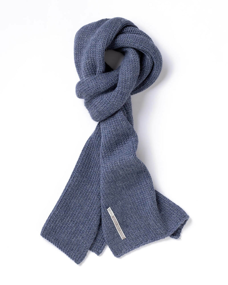 alicia adams alpaca davos scarf, womens handknit alpaca scarf, alpaca scarf,  fair trade made scarf, alpaca vs cashmere, denim blue alpaca scarf
