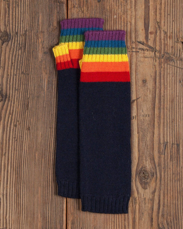 Alicia Adams Alpaca Classic Handwarmers, pride gifts, alpaca fingerless gloves, alpaca gloves, baby alpaca gloves, navy blue and rainbow alpaca handwarmers