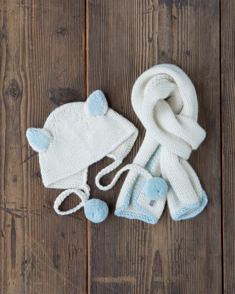 Alicia Adams Alpaca Baby Scarf & Bunny Hat, baby alpaca scarf, alpaca hat, 100 alpaca scarf, alpaca baby gifts, ivory and light blue alpaca scarf & hat