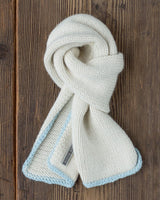 alicia adams alpaca baby scarf, baby alpaca scarf, alpaca scarf, alpaca baby clothing, 100 alpaca scarf, alpaca vs cashmere, ivory and light blue baby alpaca scarf