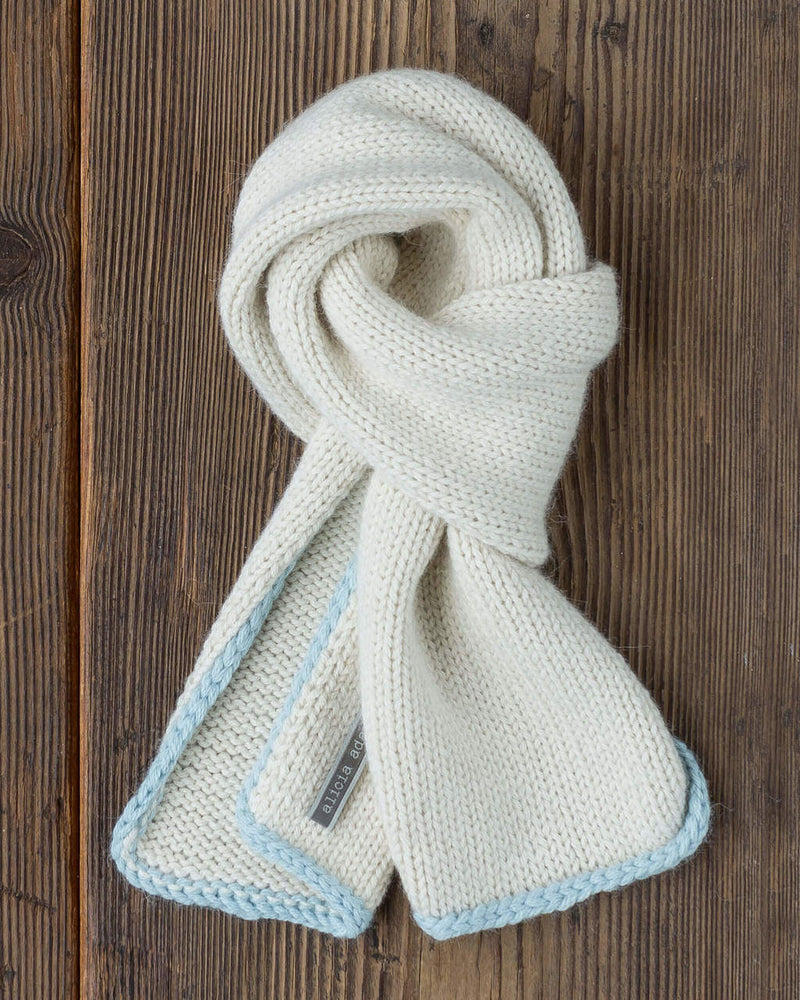 alicia adams alpaca baby scarf, baby alpaca scarf, alpaca scarf, alpaca baby clothing, 100 alpaca scarf, alpaca vs cashmere, ivory and light blue baby alpaca scarf