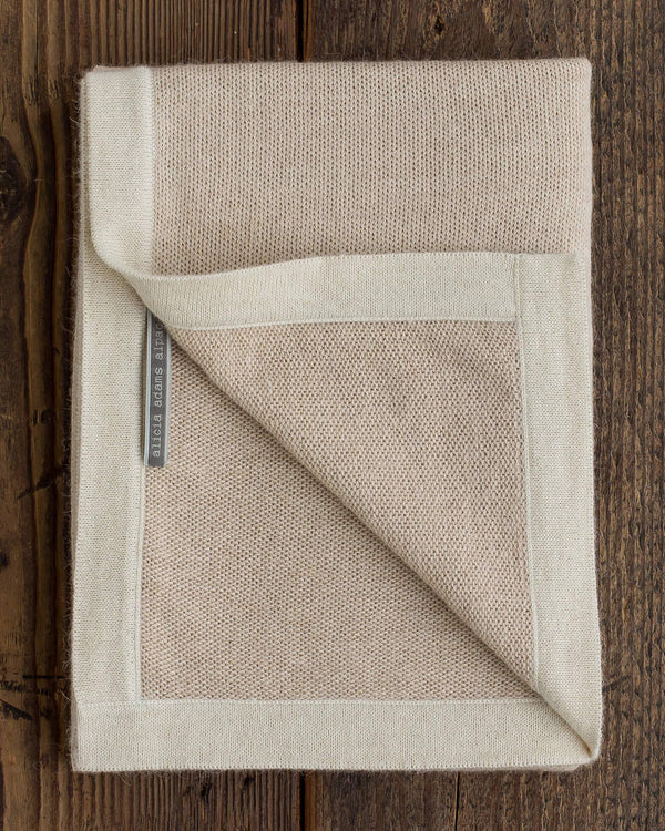 Alicia Adams Alpaca Border Baby Blanket, alpaca baby blanket, baby alpaca throw blanket, alpaca vs cashmere, light taupe and ivory baby alpaca blanket