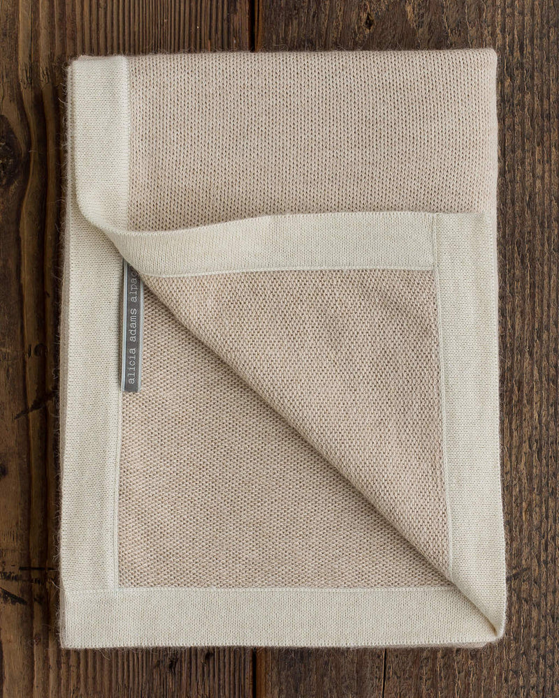 Alicia Adams Alpaca Border Baby Blanket, alpaca baby blanket, baby alpaca throw blanket, alpaca vs cashmere, light taupe and ivory baby alpaca blanket
