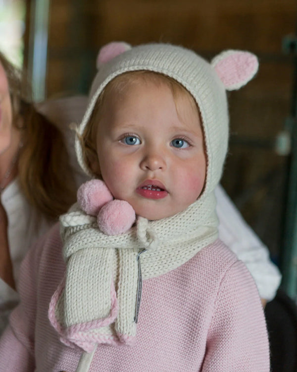 Alicia Adams Alpaca Bunny Hat, alpaca baby clothes, baby alpaca hat, alpaca clothing kids, alpaca winter hats, ivory and pink powder alpaca baby hat
