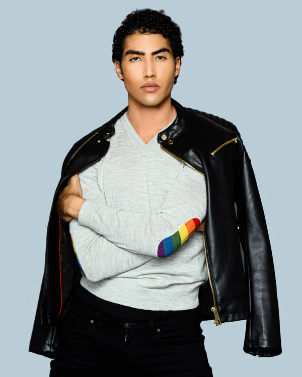 Alicia Adams Alpaca Rainbow Sweater for Men, pride gift, alpaca v neck sweater, alpaca sweater mens, pearl grey and rainbow alpaca sweater
