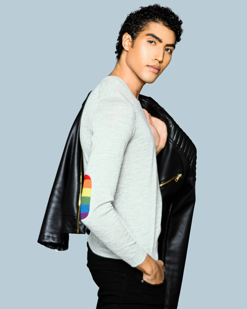 Alicia Adams Alpaca Rainbow Sweater for Men, pride gift, alpaca v neck sweater, alpaca sweater mens, pearl grey and rainbow alpaca sweater