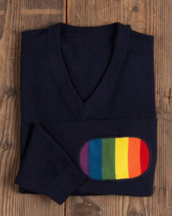 Alicia Adams Alpaca Rainbow Sweater for Men, pride gift, alpaca v neck sweater, alpaca sweater mens, navy blue and rainbow alpaca sweater